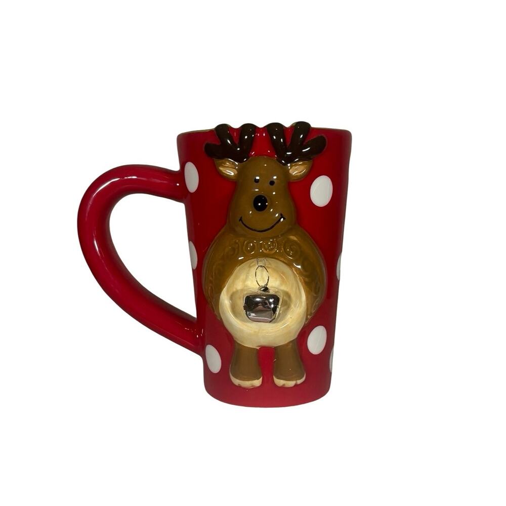 Pier 1 Reindeer Jingle Bell Mug Red Polka Dot Christmas Decor